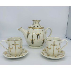 Partylite Teapot & Tea Cups Tea For Two Candle Holder 24K Gold Trim 3 pc